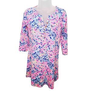 Lilly Pulitzer Banyan Coco Coral Crab Dress XS 3/4 Sleeve V Neck Pima Resort